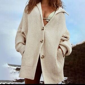 Cream Oversized Cardigan Shawl Collar Sweater Fisherman Coastal Grandmother NWOT
